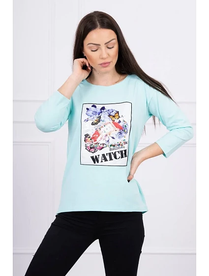 Halenka s 3D grafikou model 18743972 v mátové barvě - K-Fashion