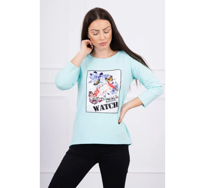 Halenka s 3D grafikou hodinek v mátové barvě Halenka s 3D grafikou hodinek v mátové barvě