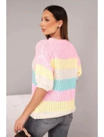 Dámský svetr s krátkým rukávem v barevných pruzích krajkový světle růžový