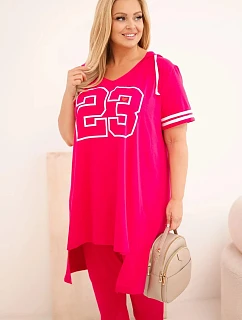 Dámská bavlněná souprava Plus Size s halenkou s kapucí a kalhotami fuchsiová