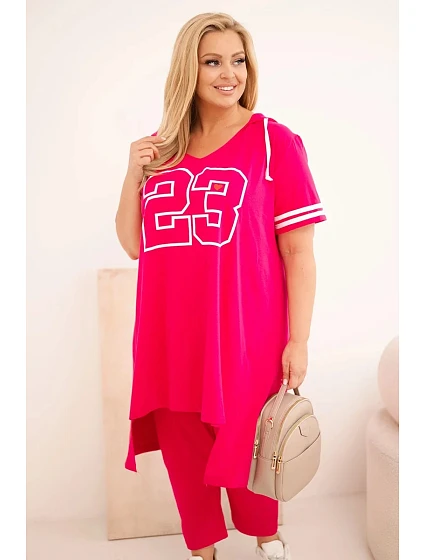 Dámská bavlněná souprava Plus Size s halenkou s kapucí a kalhotami fuchsiová Dámská bavlněná souprava Plus Size s halenkou s kapucí a kalhotami fuchsiová