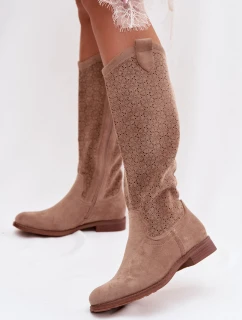 Dámské kozačky s krajkovým vzorem na plochém podpatku S.Barski HY61-8022 Béžové
