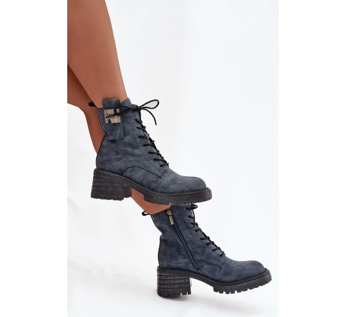 Kožené dámské workery na klínu s ozdobným detailem model 21713672 modré - Artiker