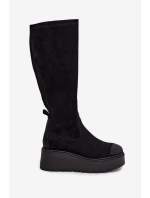 Dámské kozačky nad kolena na platformě a klínku Vinceza – černé Dámské kozačky nad kolena na platformě a klínku Vinceza – černé