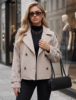 Krátký dámský dvouřadý kabát s výložkami, béžový, FashionStreet TY6030