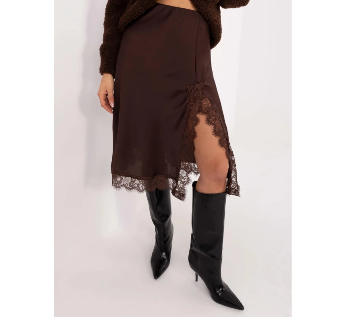 Hnědá saténová midi sukně s krajkou (3275)