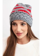 Dámská zimní čepice z vlny v hrubém pletení a pruhy K465 šedá + červená Dámská zimní čepice z vlny v hrubém pletení a pruhy K465 šedá + červená