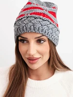 Dámská zimní čepice z vlny v hrubém pletení a pruhy K465 šedá + červená
