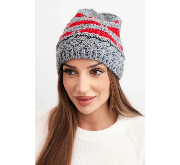 Dámská zimní čepice z vlny v hrubém pletení a pruhy K465 šedá + červená Dámská zimní čepice z vlny v hrubém pletení a pruhy K465 šedá + červená