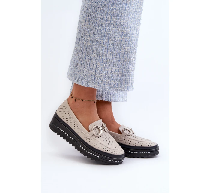 Dámské kožené mokasíny na platformě s ozdobou model 21660272 béžové - S.Barski