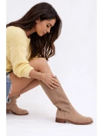 Dámské kozačky s krajkovým vzorem na plochém podpatku S.Barski HY61-8022 Béžové Dámské kozačky s krajkovým vzorem na plochém podpatku S.Barski HY61-8022 Béžové