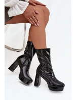 Dámské lakované boty Calvessa – černé, na platformě a sloupkovém podpatku