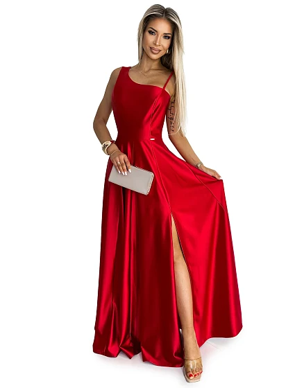 Elegantní dlouhé červené dámské saténové šaty přes jedno rameno model 19422253 - numoco