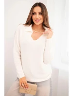 Dámský svetr z baby alpaky s límcem a výstřihem do V ecru