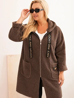 Dámský kabát Plus Size z umělé látky s kapucí a kapsami model 22324421 - K-Fashion