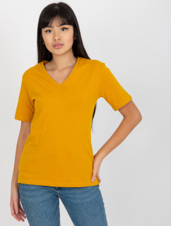 Tmavě žluté dámské basic tričko s výstřihem do V