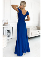 Dámské lesklé dlouhé šaty s výstřihem Numoco CRYSTAL - chrpově modré