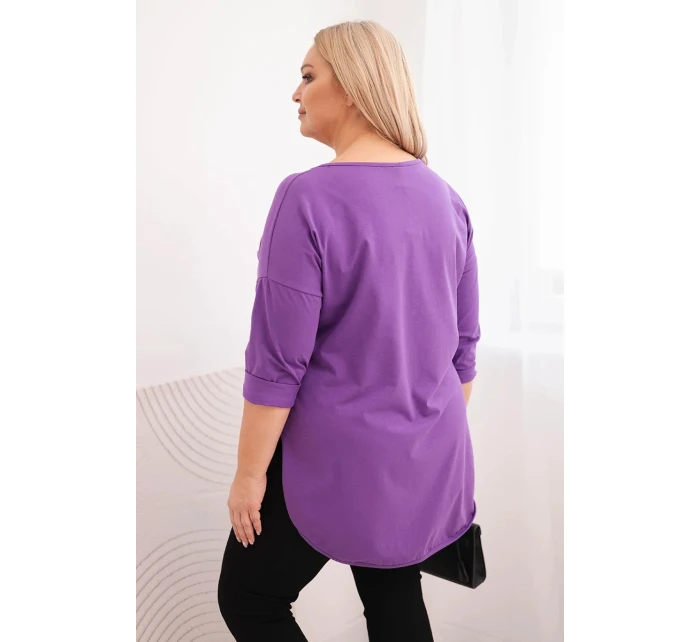 Dámská bavlněná blůza Plus Size s výstřihem do V a ohrnutým rukávem fialová