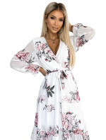 VALENTINA - Bílé dámské midi šaty se vzorem růží, výstřihem a páskem 436-2