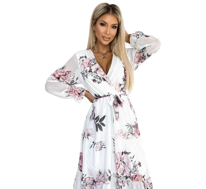 Bílé dámské midi šaty se vzorem výstřihem a páskem model 21729072 - numoco basic Bílé dámské midi šaty se vzorem výstřihem a páskem model 21729072 - numoco basic