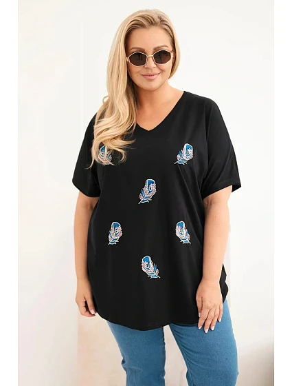 Dámská bavlněná halenka Plus Size s peříčky černá Dámská bavlněná halenka Plus Size s peříčky černá