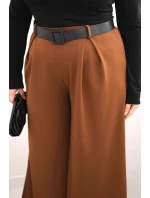 Dámské kalhoty Plus Size se širokou nohavicí a páskem čokoládové