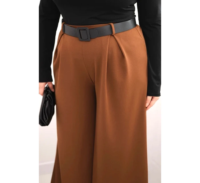 Dámské kalhoty Plus Size se širokou nohavicí a páskem čokoládové