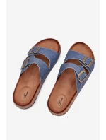 Dámské pantofle na korkové platformě s přezkami – tmavý denim