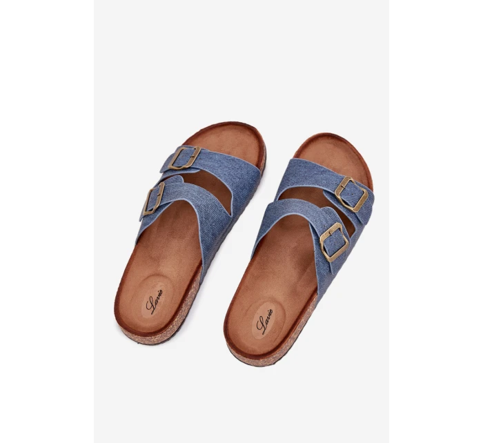 Dámské pantofle na korkové platformě s přezkami – tmavý denim