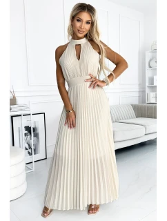 Béžové plisované dámské midi šaty s ve tvaru ve výstřihu model 22064814 - numoco basic