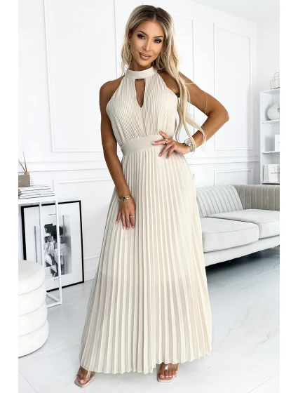 Béžové plisované dámské midi šaty s ve tvaru ve výstřihu model 22064814 - numoco basic Béžové plisované dámské midi šaty s ve tvaru ve výstřihu model 22064814 - numoco basic