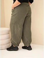 Dámské kalhoty bavlněné Plus Size manšestrové s gumou v pase a kapsami khaki Dámské kalhoty bavlněné Plus Size manšestrové s gumou v pase a kapsami khaki