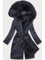 Tmavě modrá dámská zimní bunda s mechovitým kožíškem (B537-3)