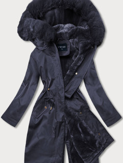Tmavě modrá dámská zimní bunda s mechovitým kožíškem (B537-3)