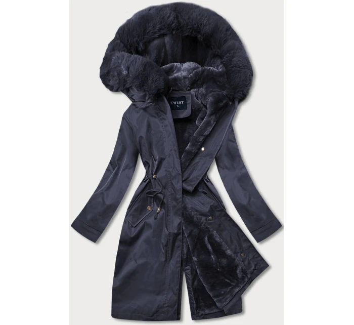Tmavě modrá dámská zimní bunda s podšívkou z mechovité kožešiny (b537-3)