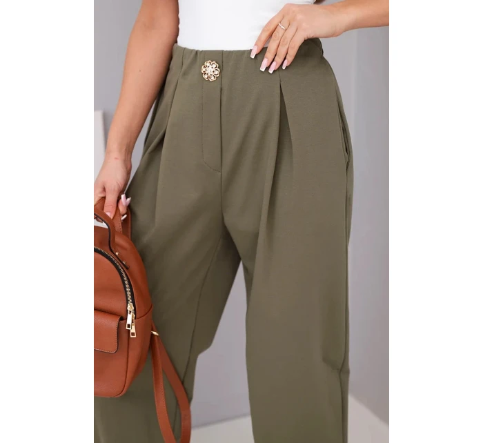 Dámské bavlněné kalhoty s vysokým pasem a ozdobným knoflíkem khaki