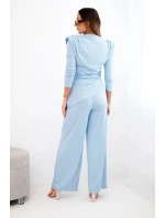 Dámský bavlněný komplet s halenou a kalhotami s širokými nohavicemi modrý Dámský bavlněný komplet s halenou a kalhotami s širokými nohavicemi modrý