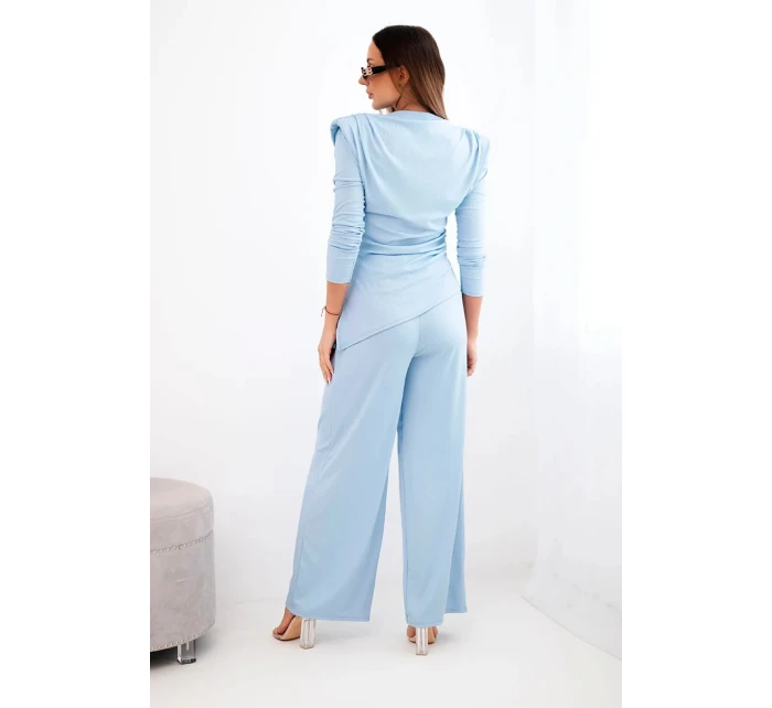 Dámský bavlněný komplet s halenou a kalhotami s širokými nohavicemi modrý Dámský bavlněný komplet s halenou a kalhotami s širokými nohavicemi modrý