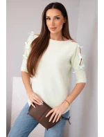 Dámský svetr s krátkým rukávem a ozdobnými mašličkami mátový Dámský svetr s krátkým rukávem a ozdobnými mašličkami mátový