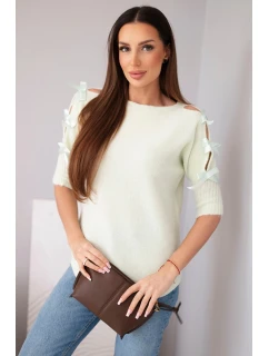 Dámský svetr s krátkým rukávem a ozdobnými mašličkami mátový