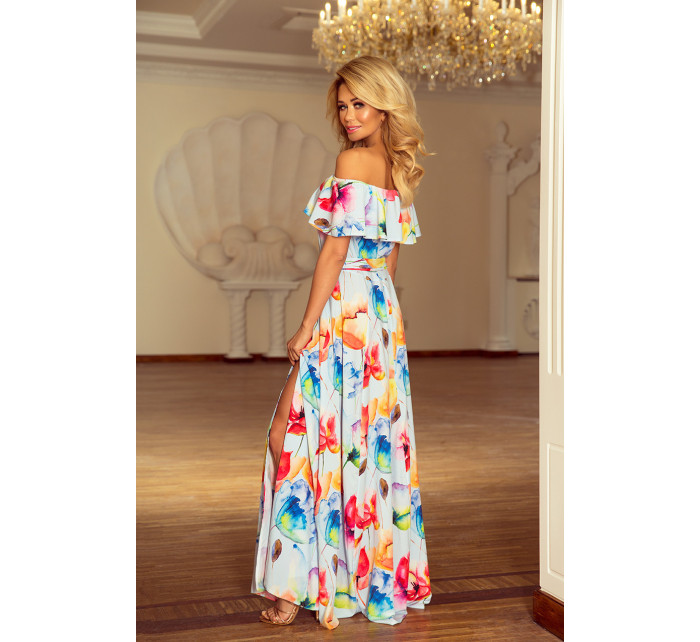 Dlouhé dámské šaty se vzorem  květů a s výstřihem ve stylu model 6059209 - numoco