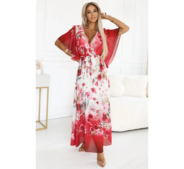 Vzdušné maxi šaty s obálkovým výstřihem a květinovým vzorem RED model 21151839 - numoco basic Vzdušné maxi šaty s obálkovým výstřihem a květinovým vzorem RED model 21151839 - numoco basic