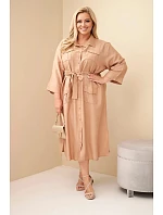 Dámské bavlněné košilové šaty Plus Size s páskem velbloudí barva
