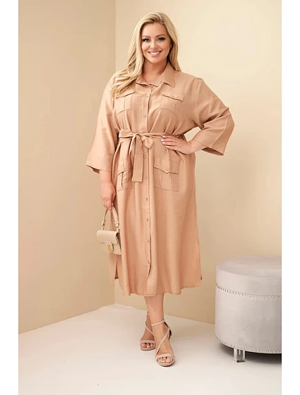 Dámské bavlněné košilové šaty Plus Size s páskem velbloudí barva