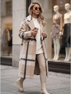 Płaszcz damski dwurzędowy z wełną w kratę beżowy FashionStreet NY0827