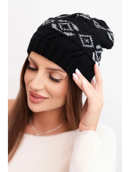 Dámská zimní čepice z vlny s geometrickým vzorem model 21867910 černá + šedá - K-Fashion