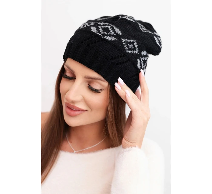 Dámská zimní čepice z vlny s geometrickým vzorem model 21867910 černá + šedá - K-Fashion