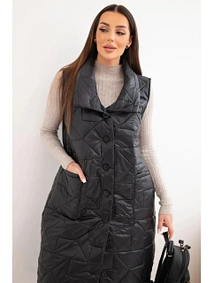 Dámská prošívaná dlouhá vesta s kapsami a se stojáčkem černá