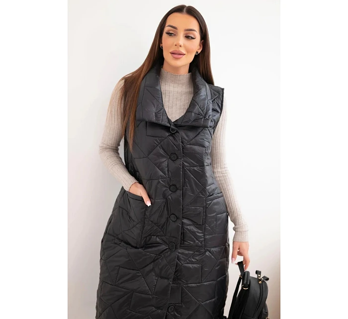 Dámská prošívaná dlouhá vesta s kapsami a se stojáčkem černá