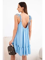 Dámské viskózové šaty na ramínkách s volánem a vázáním modrá